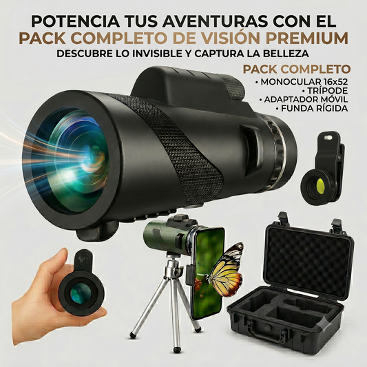 Telescopio + trípode + adaptador móvil 360° + funda rígida.